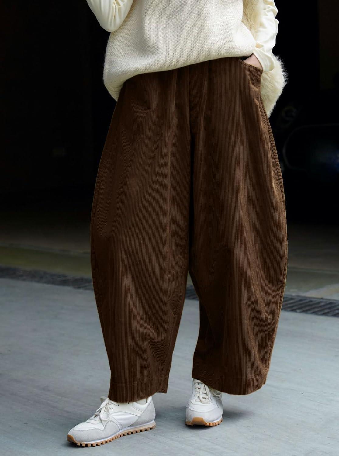 image:imageCHARTOU Women Corduroy Barrel Pants Wide Leg Vintage Mid Rise Y2k Baggy Boyfriend PantsBrown