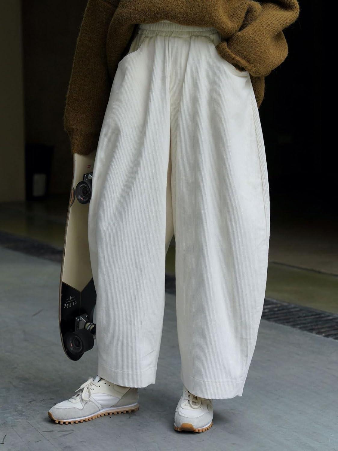 image:imageCHARTOU Women Corduroy Barrel Pants Wide Leg Vintage Mid Rise Y2k Baggy Boyfriend PantsCream