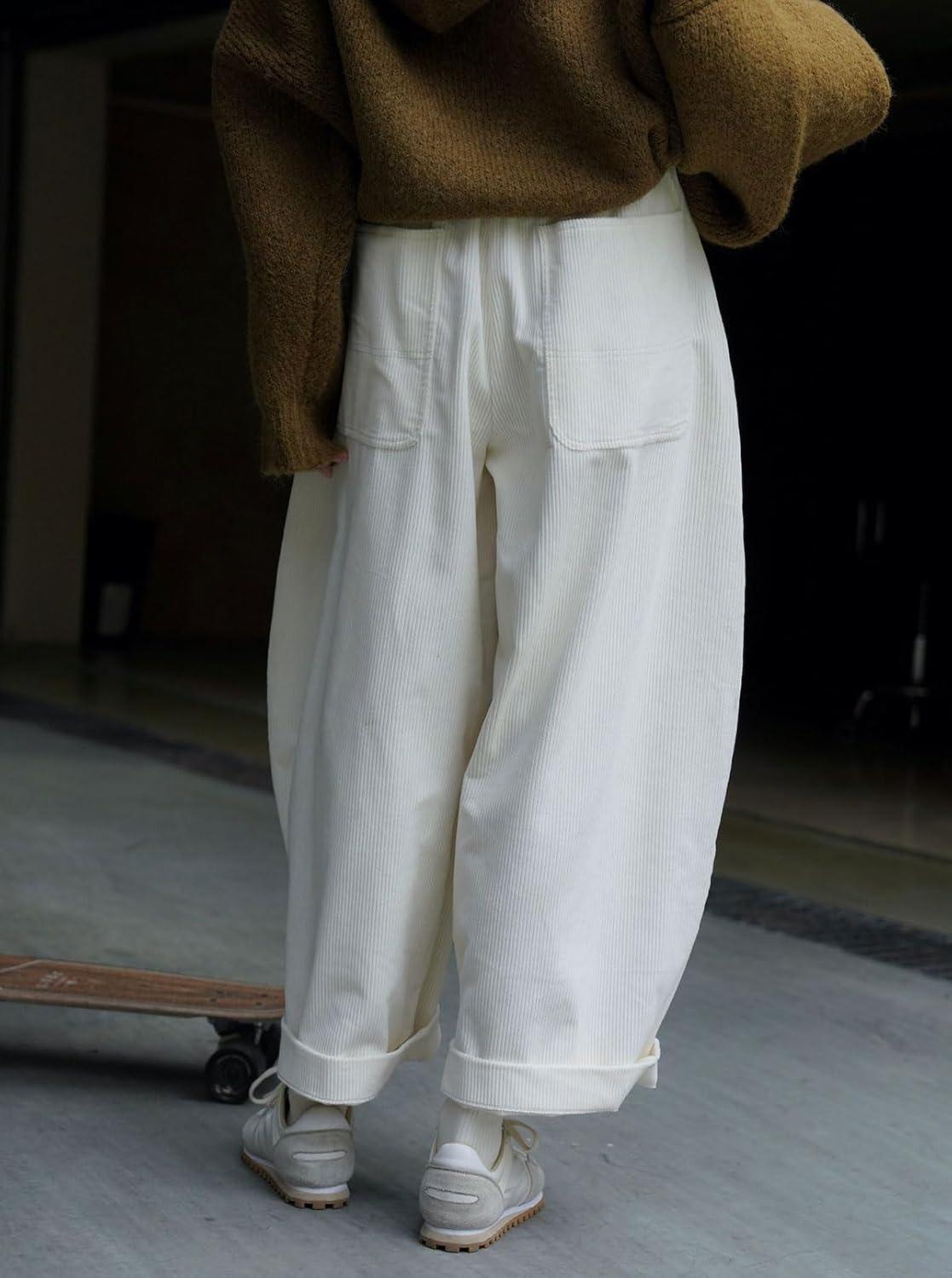 image:imageCHARTOU Women Corduroy Barrel Pants Wide Leg Vintage Mid Rise Y2k Baggy Boyfriend PantsCream