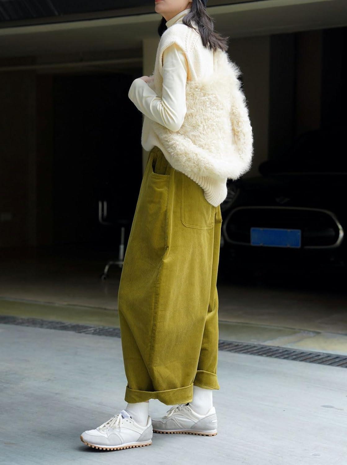 image:imageCHARTOU Women Corduroy Barrel Pants Wide Leg Vintage Mid Rise Y2k Baggy Boyfriend PantsPickle