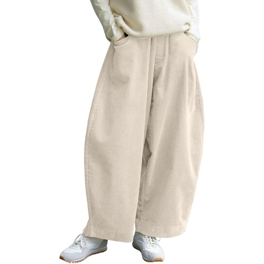 image:imageCHARTOU Women Corduroy Barrel Pants Wide Leg Vintage Mid Rise Y2k Baggy Boyfriend PantsCream
