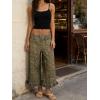 image:imageCHARTOU Women Floral Boho Wide Leg Denim Pants Back Elastic Waist Ruffle Hem Baggy Casual Cropped JeansArmy Green