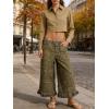 image:imageCHARTOU Women Floral Boho Wide Leg Denim Pants Back Elastic Waist Ruffle Hem Baggy Casual Cropped JeansArmy Green