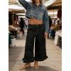 image:imageCHARTOU Women Floral Boho Wide Leg Denim Pants Back Elastic Waist Ruffle Hem Baggy Casual Cropped JeansBlack