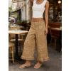 image:imageCHARTOU Women Floral Boho Wide Leg Denim Pants Back Elastic Waist Ruffle Hem Baggy Casual Cropped JeansKahki