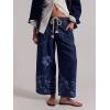 image:imageCHARTOU Women Floral Boho Wide Leg Denim Pants Drawstring Elastic Waist Baggy Barrel Crop Jeans with PocketsDark Blue