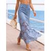 image:imageCHARTOU Women Lace Eyelet Patchwork Jean Skirt Boho Floral Mesh Sheer Long Denim Skirt with PocketsBlue