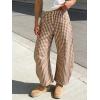 image:imageCHARTOU Women Plaid Gingham Barrel Pants Baggy Crop Wide Leg Pants Y2k Casual Cotton Trousers with PocketsBrown