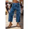 image:imageCHARTOU Women Summer Wide Leg Crop Denim Pants Back Elastic Waist Boho Floral Ankle JeansDark Blue
