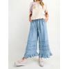image:imageCHARTOU Women Tiered Ruffle Wide Leg Denim Pants Drawstring Elastic High Waisted Frayed Boho Jeans with PocketsLight Blue