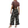 image:imageCHARTOU Women Y2k Crop Ruffle Hem Wide Leg Jeans Baggy Floral Print Patchwork Ankle Denim Pants with PocketsBlack