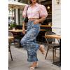 image:imageCHARTOU Women Y2k Crop Ruffle Hem Wide Leg Jeans Baggy Floral Print Patchwork Ankle Denim Pants with PocketsBlue