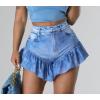 image:imageCHARTOU Womens Sexy High Waist Ruffled Flare Bottom Flowy Denim Jeans Mini ShortsBlue