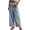image:imageCHARTOU Women Floral Boho Wide Leg Denim Pants Drawstring Elastic Waist Baggy Barrel Crop Jeans with PocketsLight Blue