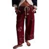 image:imageCHARTOU Women Floral Boho Wide Leg Denim Pants Drawstring Elastic Waist Baggy Barrel Crop Jeans with PocketsWine Red