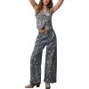 image:imageCHARTOU Women Floral Denim Two Pieces Outfits Sleeveless Vest Top High Rise Wide Leg Straight Pants SetsFloral