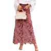 image:imageCHARTOU Women Lace Eyelet Patchwork Jean Skirt Boho Floral Mesh Sheer Long Denim Skirt with PocketsWine