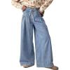 image:imageCHARTOU Womens Baggy Wide Leg Denim Pants Drawstring Midi Waisted Flare Jeans Ruffle Pleated Button JeansPinstripes