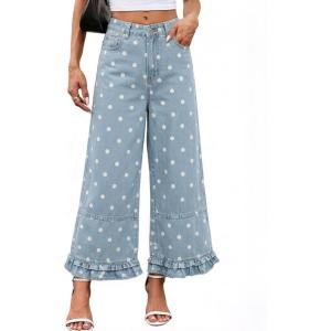 image:imageCHARTOU Ruffle Hem Bell Bottom Jeans for Women Polka Dot Ankle Baggy Jeans Crop Denim Wide Leg PantsBlue