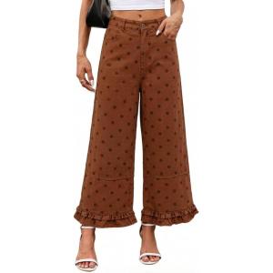 image:imageCHARTOU Ruffle Hem Bell Bottom Jeans for Women Polka Dot Ankle Baggy Jeans Crop Denim Wide Leg PantsBrown