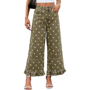 image:imageCHARTOU Ruffle Hem Bell Bottom Jeans for Women Polka Dot Ankle Baggy Jeans Crop Denim Wide Leg PantsGreen