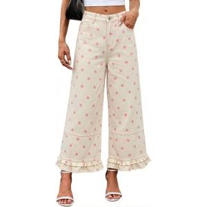 image:imageCHARTOU Ruffle Hem Bell Bottom Jeans for Women Polka Dot Ankle Baggy Jeans Crop Denim Wide Leg PantsPink