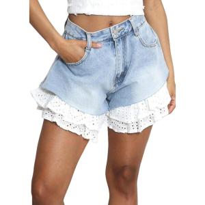 image:imageCHARTOU Women 2025 Loose Denim Shorts Y2k Lace Patchwork High Waist Ruffle Wide Leg Jean Shorts with PocketsBlue
