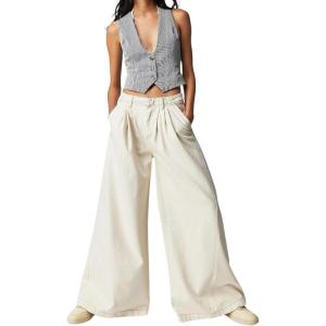 image:imageCHARTOU Women Baggy Denim Cargo Pants Jeans Y2k Wide Leg Pants Casual Oversized High Waisted Culottes with PocketsBeige