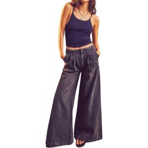 image:imageCHARTOU Women Baggy Denim Cargo Pants Jeans Y2k Wide Leg Pants Casual Oversized High Waisted Culottes with PocketsBlack
