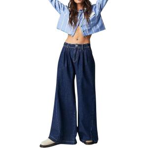 image:imageCHARTOU Women Baggy Denim Cargo Pants Jeans Y2k Wide Leg Pants Casual Oversized High Waisted Culottes with PocketsDark Blue
