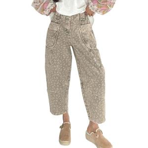 image:imageCHARTOU Women Crop Barrel Jeans Baggy Floral Denim Patchwork Cargo Taper Wide Leg Pants Boyfriend Y2k JeansKhaki
