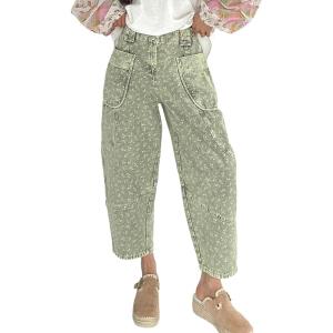 image:imageCHARTOU Women Crop Barrel Jeans Baggy Floral Denim Patchwork Cargo Taper Wide Leg Pants Boyfriend Y2k JeansOlive Green