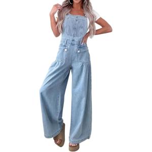 image:imageCHARTOU Women Denim Bib Overall Adjustable Strap Wide Leg Jumpsuit Drawstring Jeans Baggy Pants JoggerBlue