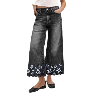 image:imageCHARTOU Women Flare Wide Leg Jeans Baggy Cropped Jeans Floral Embroidery Mid Waist Denim Pants with PocketsBlack