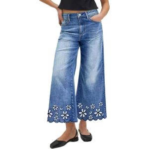 image:imageCHARTOU Women Flare Wide Leg Jeans Baggy Cropped Jeans Floral Embroidery Mid Waist Denim Pants with PocketsBlue