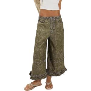 image:imageCHARTOU Women Floral Boho Wide Leg Denim Pants Back Elastic Waist Ruffle Hem Baggy Casual Cropped JeansArmy Green