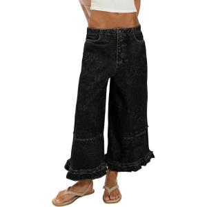 image:imageCHARTOU Women Floral Boho Wide Leg Denim Pants Back Elastic Waist Ruffle Hem Baggy Casual Cropped JeansBlack