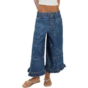 image:imageCHARTOU Women Floral Boho Wide Leg Denim Pants Back Elastic Waist Ruffle Hem Baggy Casual Cropped JeansDark Blue
