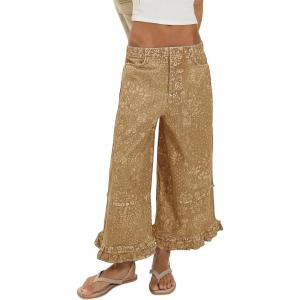 image:imageCHARTOU Women Floral Boho Wide Leg Denim Pants Back Elastic Waist Ruffle Hem Baggy Casual Cropped JeansKahki