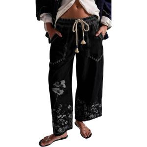 image:imageCHARTOU Women Floral Boho Wide Leg Denim Pants Drawstring Elastic Waist Baggy Barrel Crop Jeans with PocketsBlack