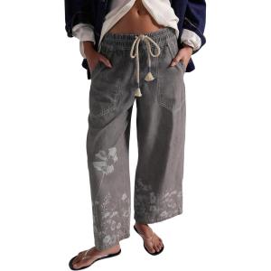 image:imageCHARTOU Women Floral Boho Wide Leg Denim Pants Drawstring Elastic Waist Baggy Barrel Crop Jeans with PocketsGrey
