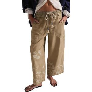 image:imageCHARTOU Women Floral Boho Wide Leg Denim Pants Drawstring Elastic Waist Baggy Barrel Crop Jeans with PocketsKhaki