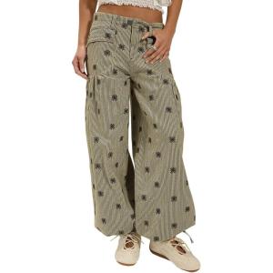 image:imageCHARTOU Women Floral Lotus Tube Jeans Baggy Pinstripe Y2k Jeans Barrel Embroidery Denim Wide Leg PantsGreen