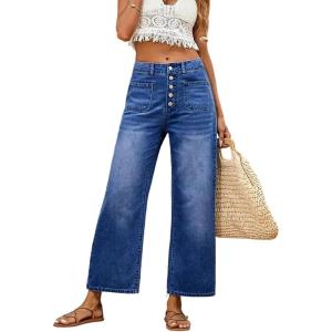 image:imageCHARTOU Women High Waist Wide Leg Jeans Button Down Washed Denim Cropped Straight Pants with PocketsBlue