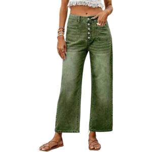 image:imageCHARTOU Women High Waist Wide Leg Jeans Button Down Washed Denim Cropped Straight Pants with PocketsGreen
