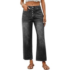 image:imageCHARTOU Women High Waist Wide Leg Jeans Button Down Washed Denim Cropped Straight Pants with PocketsGrey