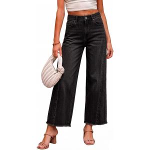 image:imageCHARTOU Women High Waisted Wide Leg Jeans Casual Stretchy Raw Hem Cropped Denim PantsBlack