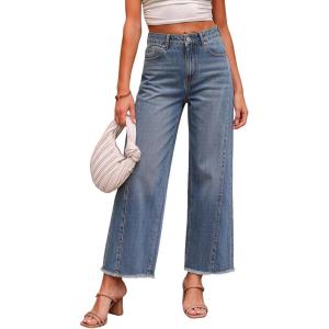 image:imageCHARTOU Women High Waisted Wide Leg Jeans Casual Stretchy Raw Hem Cropped Denim PantsBlue