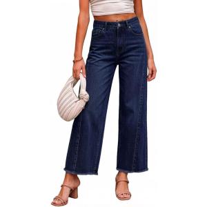 image:imageCHARTOU Women High Waisted Wide Leg Jeans Casual Stretchy Raw Hem Cropped Denim PantsDark Blue