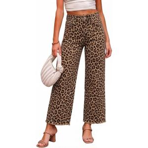 image:imageCHARTOU Women High Waisted Wide Leg Jeans Casual Stretchy Raw Hem Cropped Denim PantsLeopard